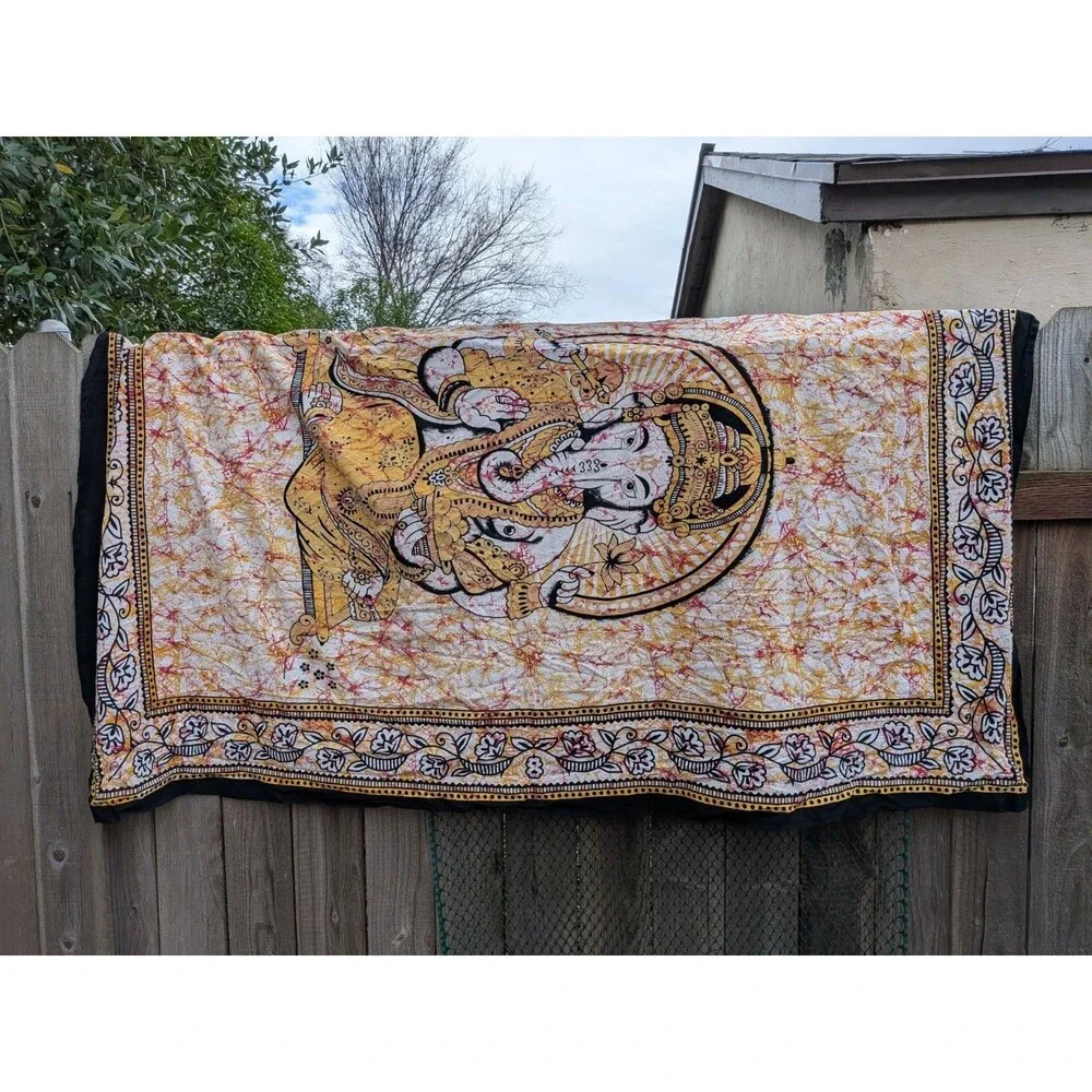 Ganesh Tapestry Cotton Made in India Yellow Black 52 in x 80 in Lightweight